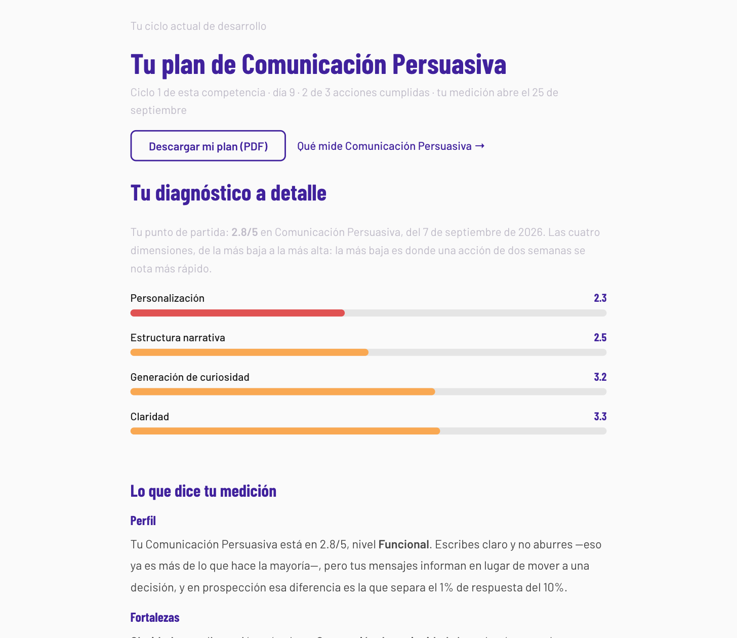 Página del plan de un vendedor: las cuatro dimensiones de la competencia ordenadas de la más baja a la más alta, con la interpretación por secciones