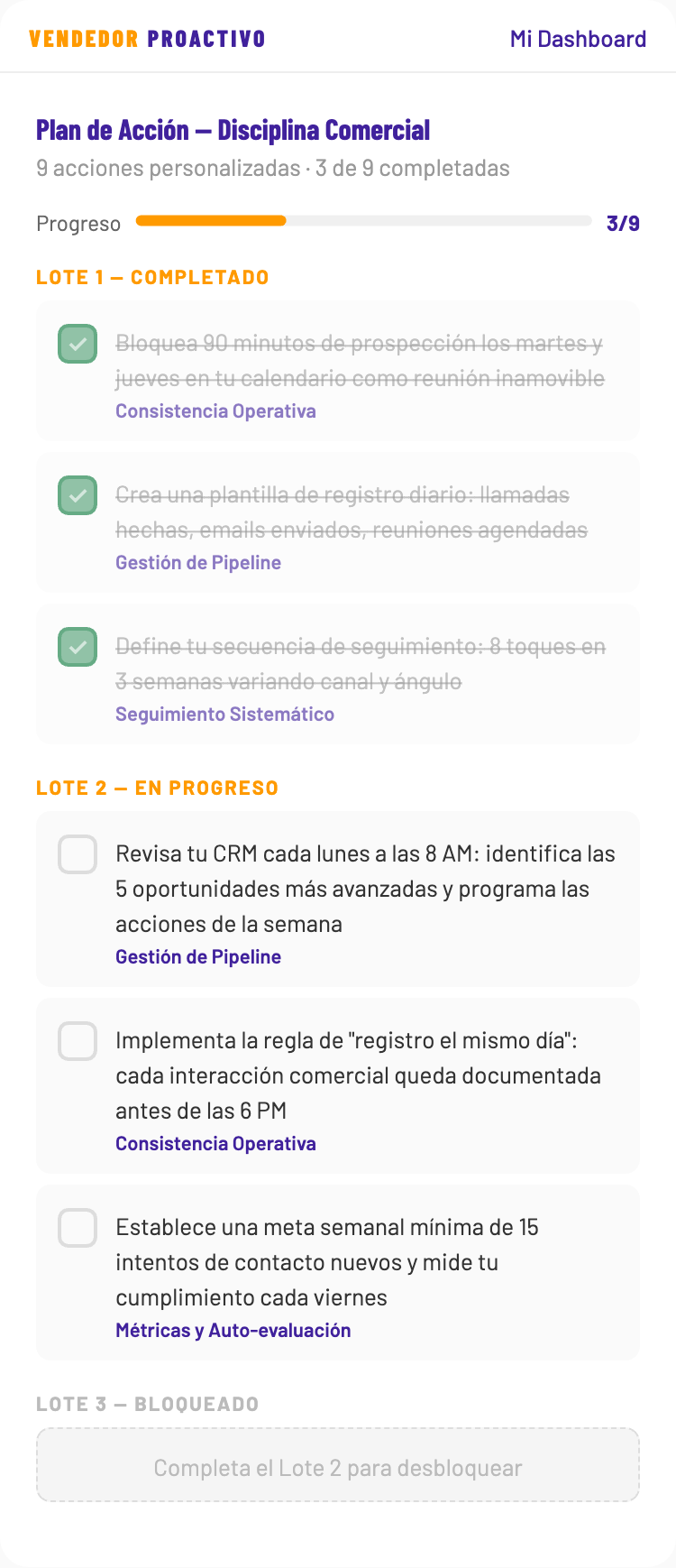 Plan de acción progresivo con acciones completadas y pendientes